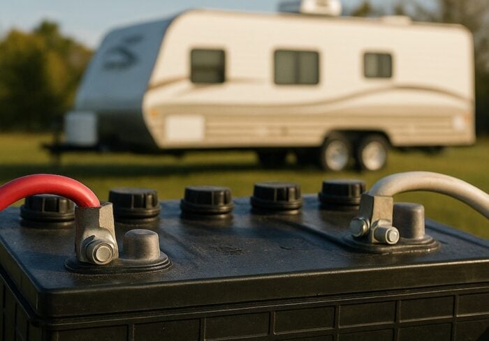 Close-up of a flooded lead-acid deep-cycle RV battery connected with red and white cables in front of a travel trailer