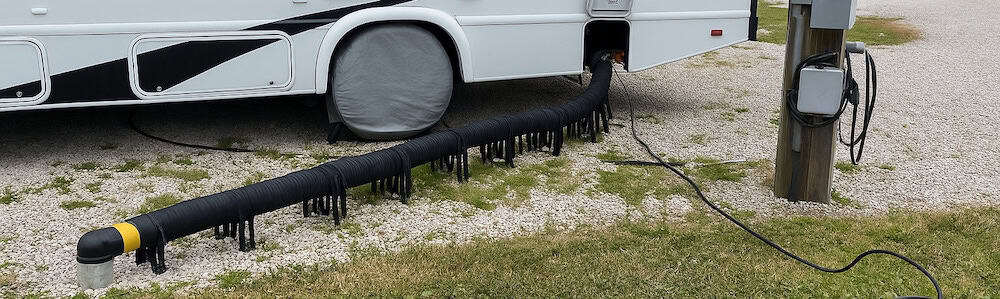 no freeze heated rv sewer hose being used on a motorhome during cold weather winter camping