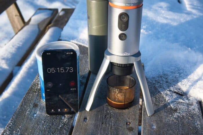 conqueco portable battery powered coffee maker brewing espresso in below freezing temperatures in just 5 minutes.