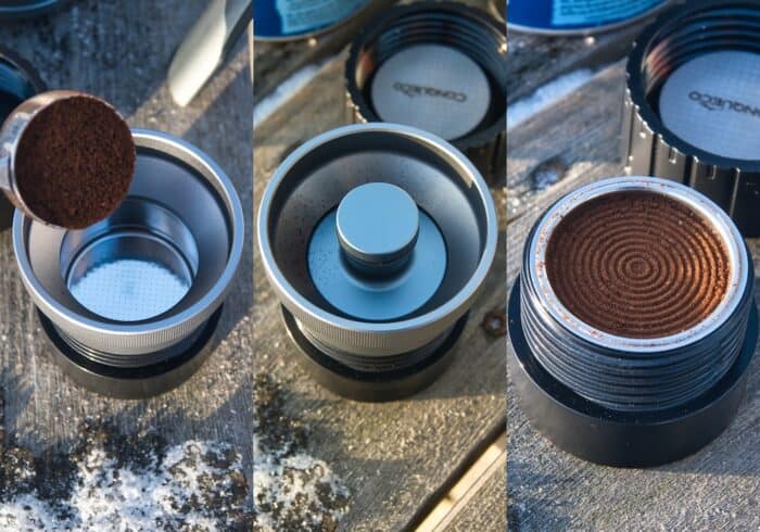 using the coffee grounds attachment to brew espresso in the wild with the conqueco portable espresso maker