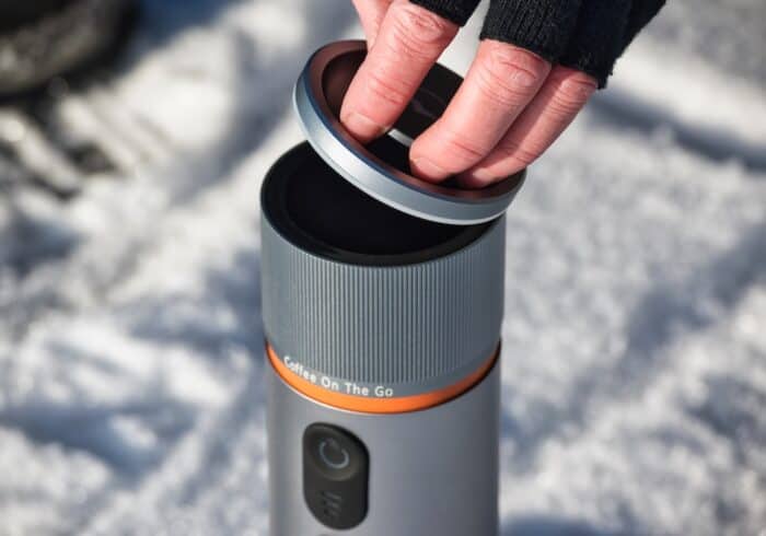 lid to the 80 ml water reservoir on the Conqueco portable espresso maker