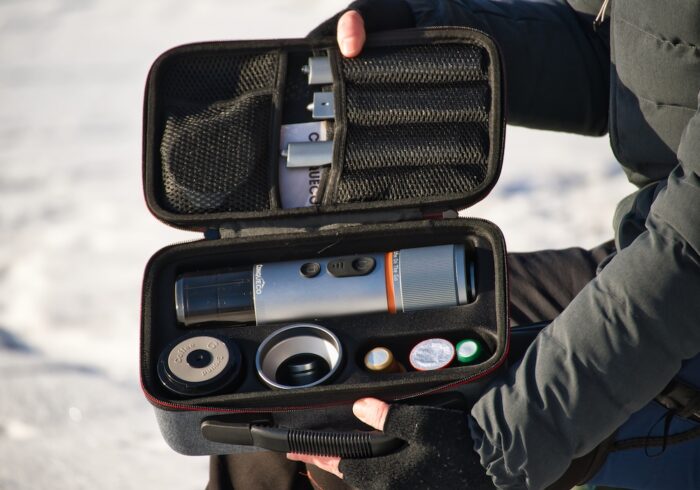 CONQUECO espresso machine portable self heating inside the carry case with all accessories.