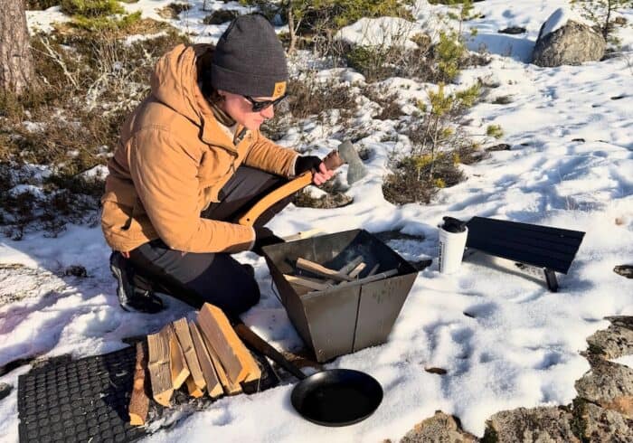 Hults bruk Dvardala Spika axe being used to start a fire for outdoor camping cooking.