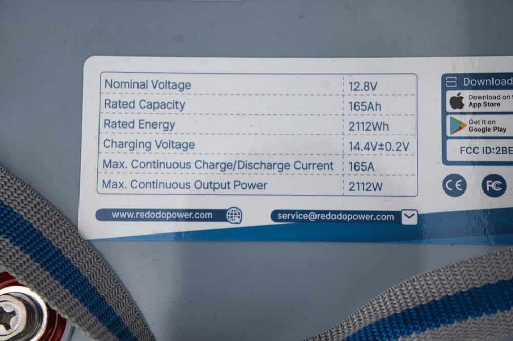 Ratings of the Redodo 165Ah smart lithium battery