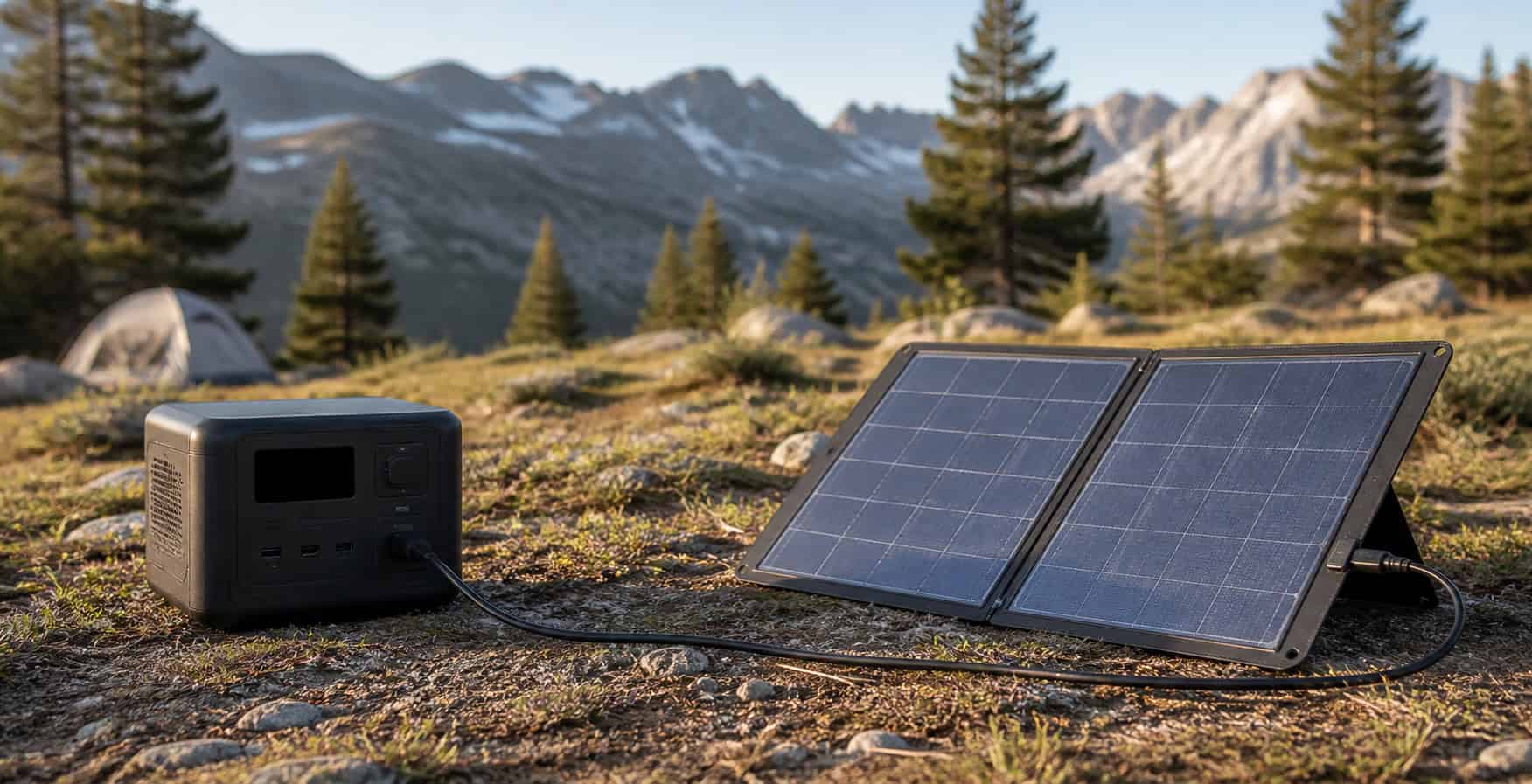 Portable solar panel connected to a portable power station at a campsite, illustrating how to connect any solar panel to VTOMAN power stations
